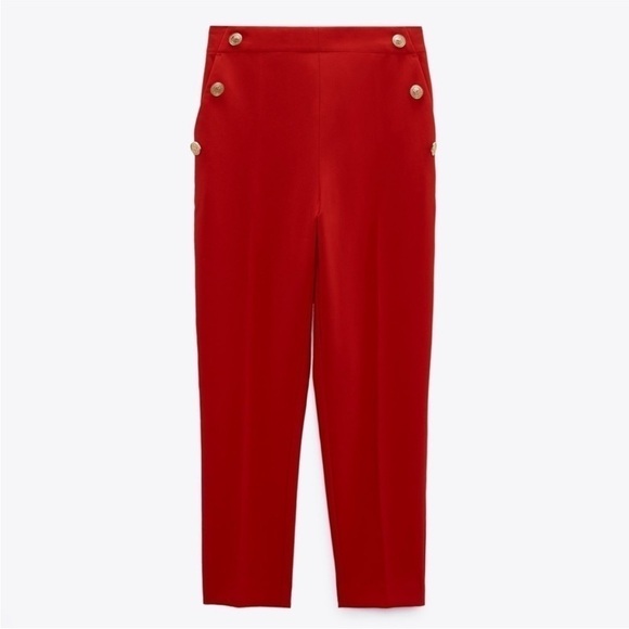 Zara Red Straight Leg Gold Button Detail High Waisted Pants Size Small - Picture 4 of 16